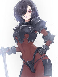 1girl armor berengaria_(unicorn_overlord) black_hair bodysuit breastplate breasts brown_bodysuit gauntlets hair_over_one_eye highres holding holding_weapon red_bodysuit red_eyes remaco short_hair solo spiked_armor spiked_pauldrons standing unicorn_overlord weapon