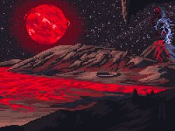 Rule 34 | crater, kldpxl, lava, mountain, no humans, original, pixel art, red sun, scenery, sky, smog, space, star (sky), starry sky, volcano