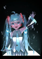 Rule 34 | 1girl, :d, absurdres, ahoge, aqua eyes, aqua hair, aqua nails, aqua necktie, black sleeves, blush, commentary, detached sleeves, glitch, glowing, hatsune miku, headset, highres, long hair, looking at viewer, necktie, nemu ringo, number tattoo, open mouth, portal (object), smile, solo, tattoo, twintails, very long hair, vocaloid, waving