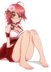 Rule 34 | 1girl, absurdres, barefoot, breasts, cleavage, feet, flower, green eyes, hair flower, hair ornament, highres, hololive, large breasts, light blush, medium breasts, medium hair, red hair, sakura miko, sakura miko (old design), solo, toes, virtual youtuber