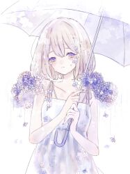 Rule 34 | 1girl, bare arms, bare shoulders, blue eyes, blue flower, closed mouth, collarbone, crying, crying with eyes open, dress, flower, hair flower, hair ornament, highres, holding, holding umbrella, hydrangea, kotono n0, looking at viewer, original, purple eyes, purple flower, rain, short hair, simple background, sleeveless, sleeveless dress, solo, sundress, tears, transparent, transparent umbrella, umbrella, upper body, white background, white dress, white umbrella