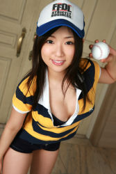 Rule 34 | baseball, baseball cap, bikini, bikini top only, hat, highres, ootomo sayuri, photo (medium), polo shirt, shorts, striped, swimsuit