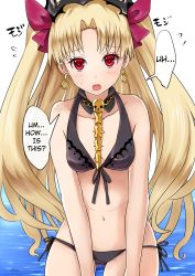 Rule 34 | 1girl, :o, bare arms, bare shoulders, bikini, black bikini, black ribbon, blonde hair, breasts, collarbone, commentary request, cowboy shot, detached collar, earrings, ereshkigal (fate), fate/grand order, fate (series), flying sweatdrops, front-tie bikini top, front-tie top, gluteal fold, hair ribbon, hard-translated, highres, jewelry, kakan (amka), long hair, looking at viewer, open mouth, parted bangs, pink ribbon, red eyes, ribbon, side-tie bikini bottom, simple background, skull, small breasts, solo, speech bubble, standing, sweat, swimsuit, tareme, third-party edit, tiara, tohsaka rin, translated, two side up, very long hair, water, white background