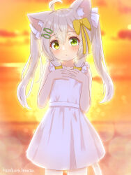 Rule 34 | 1girl, absurdres, ahoge, animal ear fluff, animal ears, artist name, backlighting, bare shoulders, blurry, blurry background, blush, bokeh, bow, cat ears, cat girl, cat tail, cloud, collarbone, cowboy shot, depth of field, dress, female focus, fish hair ornament, flat chest, frilled dress, frills, green eyes, hair between eyes, hair bow, hair ornament, hair ribbon, hairclip, hands on own chest, hands up, hazakura hinata, heterochromia, highres, horizon, long hair, looking at viewer, open mouth, orange background, orange sky, original, outdoors, own hands together, ribbon, sidelocks, signature, sky, sleeveless, sleeveless dress, solo, standing, sunset, tail, twintails, white dress, white ribbon, yellow bow, yellow eyes