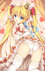 Rule 34 | 1girl, andrea doria (warship girls r), bell, blonde hair, blue eyes, bow, cameltoe, choker, crown, detached sleeves, dress, gloves, hair bow, heart, jianren, long hair, looking at viewer, looking back, mini crown, neck bell, panties, solo, thighhighs, underwear, warship girls r, white gloves, white panties, white thighhighs