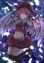 Rule 34 | 1girl, ;d, absurdres, blush, breasts, commentary request, crop top, feathers, feet out of frame, frilled shirt collar, frills, hair between eyes, hat, head wings, highres, holding, holding microphone, jumping, looking at viewer, medium breasts, microphone, midriff, miniskirt, mob cap, mystia lorelei, navel, one eye closed, open mouth, outstretched arm, petticoat, pink hair, pleated skirt, purple hat, purple skirt, purple vest, reaching, reaching towards viewer, shirt, shoes, short hair, skirt, smile, solo, stomach, suigetsu (watermoon-910), thighhighs, thighs, touhou, vest, white footwear, white shirt, wings, yellow eyes, zettai ryouiki
