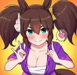 Rule 34 | 1girl, animal ears, blue eyes, blush, breasts, brown hair, cleavage, collarbone, commentary request, fang, fox shadow puppet, heart, horse ears, horse girl, horse tail, inari one (umamusume), japanese clothes, large breasts, medium hair, sarashi, simple background, smile, solo, spoken heart, tail, takiki, umamusume