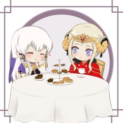 Rule 34 | 2girls, blush, cake, commentary, commission, cookie, cup, eating, edelgard von hresvelg, english commentary, closed eyes, fire emblem, fire emblem: three houses, food, heart, highres, long hair, looking at another, lysithea von ordelia, muffin, multiple girls, nintendo, pyon-chart, table, tea, teacup, white hair
