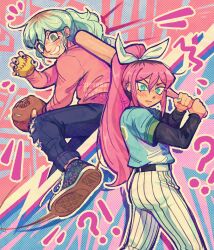 Rule 34 | !?, 2girls, absurdres, artist name, aubrey (omori), ball, baseball, baseball bat, baseball glove, black footwear, black hair, black nails, blue eyes, blue hair, blue nails, blush, brown hair, cris (omori), denim, earrings, grin, hair ribbon, highres, holding, holding ball, holding baseball bat, jeans, jewelry, long hair, long sleeves, looking at viewer, multicolored hair, multiple girls, omori, pants, parted lips, pink hair, ponytail, ribbon, shoes, smile, sneakers, stud earrings, teeth, torn clothes, torn jeans, torn pants, white ribbon, zipsunz