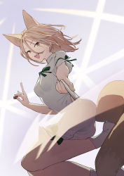 Rule 34 | 1girl, animal ears, blonde hair, brown eyes, commentary request, fangs, fingernails, fox ears, fox girl, fox shadow puppet, fox tail, hair between eyes, highres, holding, holding test tube, kudamaki tsukasa, looking at viewer, nakatani nio, open mouth, sharp fingernails, tail, test tube, touhou