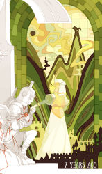Rule 34 | 1boy, 1girl, absurdres, arch, castle, covered face, dress, english text, from side, green background, hand grab, hands up, height difference, helmet, highres, holding, imminent kiss, link, long hair, long sleeves, mask, nintendo, on one knee, outstretched arm, partially colored, planstar, pointy ears, princess zelda, profile, shield, short sleeves, silhouette, standing, sword, the legend of zelda, traditional media, veil, weapon, weapon on back