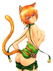 Rule 34 | 1girl, animal ears, ass, bell, belt, breasts, butt crack, cat ears, cat tail, choker, clothes pull, fire emblem, fire emblem: path of radiance, fire emblem: radiant dawn, hand on own chest, highres, lethe (fire emblem), nintendo, orange hair, pants, pants pull, pocari66, purple eyes, short hair, shorts, side slit, simple background, solo, tail, torn clothes