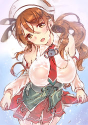 Rule 34 | 10s, 1girl, breasts, brown eyes, brown hair, detached sleeves, female focus, gradient background, hat, kantai collection, large breasts, littorio (kancolle), long hair, looking at viewer, necktie, open mouth, otabe sakura, see-through, solo