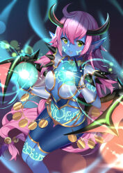 Rule 34 | 1girl, armor, bikini armor, blue skin, blush, breasts, colored skin, demon girl, demon horns, demon wings, duel monster, gold, green eyes, highres, horns, jewelry, kikistark, long hair, looking at viewer, navel, open mouth, pink hair, shorts, simple background, small breasts, smile, solo, spikes, subterror fiendess, tattoo, very long hair, wings, yu-gi-oh!