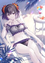 Rule 34 | 1girl, beach, bikini, bracelet, braid, chair, commission, cup, drinking straw, e (eokiba), flower, folding chair, food, fruit, gleam, hair flower, hair ornament, highres, jewelry, looking at viewer, mole, mole under eye, nail polish, off-shoulder bikini, off shoulder, on chair, orange (fruit), orange slice, purple eyes, purple hair, red nails, smile, solo, swimsuit, symonne (tales), tales of (series), tales of zestiria, twintails