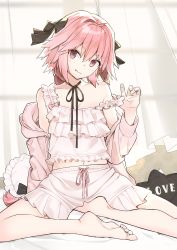 Rule 34 | 1boy, absurdres, astolfo (fate), bare shoulders, barefoot, black bow, black ribbon, blush, bow, braid, camisole, closed mouth, collarbone, fang, fang out, fate/apocrypha, fate (series), frills, hair bow, hair intakes, highres, jacket, legs, long braid, long hair, looking at viewer, male focus, multicolored hair, navel, neck ribbon, off shoulder, omucchan (omutyuan), pajamas, pillow, pink hair, pink jacket, purple eyes, ribbon, shorts, single braid, sitting, smile, solo, strap pull, streaked hair, toes, trap, white camisole, white hair, white shorts