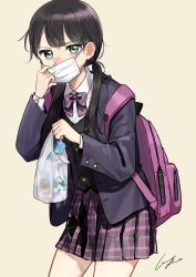 Rule 34 | 1girl, absurdres, backpack, bag, black hair, black jacket, black vest, blazer, bow, brown background, collared shirt, commentary request, dress shirt, green eyes, grey skirt, hand up, highres, holding, holding bag, jacket, long hair, long sleeves, looking at viewer, low twintails, mask, mask pull, mouth mask, open clothes, open jacket, original, plaid, plaid bow, plaid skirt, plastic bag, pleated skirt, pomu (joynet), pulled by self, purple bow, school uniform, shirt, signature, simple background, skirt, snot, solo, surgical mask, twintails, vest, white shirt