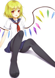 Rule 34 | 1girl, black pantyhose, blonde hair, blouse, blue skirt, blush, commentary, feet, flan (seeyouflan), flandre scarlet, foot focus, foreshortening, full body, highres, looking at viewer, miniskirt, neckerchief, no shoes, open mouth, panties, pantyhose, pantyshot, pleated skirt, red eyes, sailor collar, school uniform, serafuku, shirt, simple background, sitting, skirt, solo, toes, touhou, underwear, white background, wings