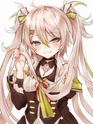 Rule 34 | 1girl, ahoge, bare shoulders, blush, boots, bow, breasts, camomi camomi, camomi channel, cleavage, closed mouth, collarbone, diieru, green bow, green hair, green neckwear, hair bow, hair ornament, hairclip, highres, holding, holding own hair, jewelry, light brown hair, long hair, multicolored hair, nanashi inc., necklace, simple background, smile, solo, streaked hair, twintails, upper body, v ap art, very long hair, virtual youtuber, white background