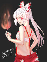 Rule 34 | 1girl, :d, bandages, bare arms, bare shoulders, black background, blush, bow, breasts, chest sarashi, chinese commentary, commentary request, cowboy shot, dated, fang, fire, fire, from behind, fujiwara no mokou, hair between eyes, hair bow, highres, liuliuziw, long hair, looking at viewer, looking back, midriff, nail polish, ofuda, open mouth, outline, pants, ponytail, red eyes, red nails, red pants, sarashi, sidelocks, signature, silver hair, simple background, small breasts, smile, solo, standing, strapless, suspenders, touhou, tube top, v-shaped eyebrows, white bow, white outline