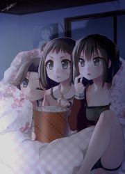 Rule 34 | 10s, 3girls, :o, ;(, antenna hair, bare legs, bare shoulders, barefoot, blanket, blush, bowl, breasts, brown hair, camisole, checkered pillow, cleavage, collarbone, cup, dark, double bun, expressionless, fingernails, floral print, food, frills, frown, grey eyes, hair bun, hair ornament, hair scrunchie, hairclip, highres, holding, holding food, indoors, jacket, jintsuu (kancolle), kantai collection, kneeling, koruri, light, light rays, long sleeves, medium breasts, multiple girls, naka (kancolle), open clothes, open jacket, open mouth, pajamas, parted bangs, pillow, plaid, popcorn, poster (object), red jacket, room, scrunchie, sendai (kancolle), shirt, short hair, signature, sitting, sleeveless, sleeveless shirt, sweatdrop, tareme, teardrop, teeth, thighs, unzipped, watching television, wavy mouth, wince, zipper