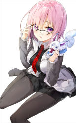 Rule 34 | 1girl, adjusting eyewear, between breasts, black-framed eyewear, black dress, black pantyhose, blush, breasts, collared shirt, commentary request, dress, fate/grand order, fate (series), fou (fate), fuumi (radial engine), glasses, hair over one eye, hands up, hood, hoodie, large breasts, light purple hair, looking at viewer, mash kyrielight, necktie, necktie between breasts, no shoes, on shoulder, open clothes, open hoodie, over-rim eyewear, pantyhose, parted lips, pink hair, purple eyes, red necktie, semi-rimless eyewear, shirt, short hair, simple background, sitting, smile, solo, white background, white shirt, wing collar