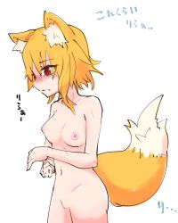 Rule 34 | 1girl, animal ear fluff, animal ears, asymmetrical hair, blonde hair, blush, breasts, closed mouth, commentary, completely nude, cookie (touhou), cowboy shot, eyes visible through hair, fang, fang out, fox ears, fox girl, fox tail, highres, looking down, medium breasts, medium hair, miramikaru riran, nipples, nude, red eyes, sidelocks, simple background, sketch, solo, tail, translation request, white background, yan pai