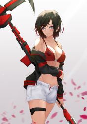 Rule 34 | 1girl, absurdres, bikini, bikini top only, bikini under clothes, black hair, black jacket, blush, breasts, cleavage, closed mouth, commentary, cowboy shot, crescent rose, english commentary, gradient hair, grey eyes, hand on own arm, highres, holding, holding scythe, holding weapon, jacket, looking at viewer, medium breasts, multicolored hair, nash11, navel, off shoulder, open fly, petals, red bikini, red hair, rose petals, ruby rose, rwby, scythe, shorts, solo, swimsuit, thigh strap, two-tone hair, weapon, white shorts