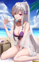 Rule 34 | 1girl, azur lane, beach, bikini, blush, breasts, choker, cleavage, collarbone, day, dunkerque (azur lane), dunkerque (summer sucre) (azur lane), eternity (pixiv8012826), flower, food, grey hair, hair ornament, hairband, highres, holding, holding food, large breasts, long hair, looking at viewer, navel, outdoors, pink eyes, ponytail, popsicle, purple bikini, sidelocks, sitting, solo, swimsuit, thighs, wariza