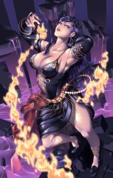 Rule 34 | 1girl, absurdres, anklet, arm behind head, armpits, bare shoulders, black dress, black hair, breasts, center frills, center opening, circlet, cleavage, collarbone, dress, earrings, elbow gloves, evil grin, evil smile, fingernails, fire, fire emblem, fire emblem: the blazing blade, frills, full body, gloves, grin, hair lift, hair pulled back, high heels, highres, jewelry, large breasts, lipstick, long hair, looking at viewer, makeup, mature female, nail polish, nintendo, plunging neckline, red sash, rubble, sash, side slit, smile, solo, sonia (fire emblem: the blazing blade), thechinelo, thighs, water, yellow eyes