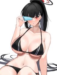 Rule 34 | 1girl, alternate costume, bikini, black hair, blue archive, blush, breasts, cleavage, collarbone, food, halo, halterneck, highres, holding, holding food, holding ice cream, ice cream, ice cream bar, large breasts, long hair, looking at viewer, mindoll, navel, ponytail, red eyes, rio (blue archive), simple background, solo, stomach, string bikini, sweat, swimsuit, very long hair, white background