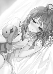 Rule 34 | 1girl, absurdres, ahoge, bare legs, bed, bed sheet, blush, breasts, collarbone, commentary request, embarrassed, feet out of frame, greyscale, hair between eyes, hair intakes, hair over shoulder, half-closed eyes, head tilt, highres, holding, holding jewelry, holding necklace, holding stuffed toy, indoors, jewelry, legs together, looking at viewer, lying, mariya mikhailovna kujou, medium breasts, messy hair, momoko (momopoco), monochrome, necklace, novel illustration, official art, on side, parted lips, pendant, shirt, short shorts, shorts, solo, stuffed animal, stuffed toy, swept bangs, tokidoki bosotto roshia-go de dereru tonari no arya-san
