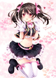 Rule 34 | 10s, 1girl, :d, \m/, black hair, blush, bow, double \m/, gloves, hair bow, happy birthday, heart, heart background, love live!, love live! school idol festival, love live! school idol project, midriff, nico nico nii, no brand girls, nogi takayoshi, open mouth, red eyes, short hair, skirt, smile, solo, thighhighs, twintails, yazawa nico