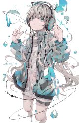 Rule 34 | 1girl, absurdres, aiamu iamu, aqua eyes, artist name, audio spectrum, blue jacket, closed mouth, clothing request, commentary, commentary request, dripping, feet, feet out of frame, floating, grey hair, hands up, headphones, highres, ice, ice cube, jacket, legs, long hair, looking to the side, original, shorts, signature, simple background, smile, water, white background