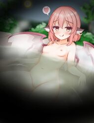 Rule 34 | 1girl, animal ears, bird ears, bird wings, blush, breasts, cleft of venus, closed mouth, collarbone, earrings, full moon, heart, highres, jewelry, kasoka soka, looking at viewer, moon, mystia lorelei, navel, night, nipples, onsen, partially submerged, pink hair, pussy, short hair, single earring, small breasts, smile, solo, spoken heart, tongue, tongue out, touhou, white wings, wings, yellow eyes