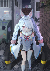 Rule 34 | 1girl, animal ears, azur lane, blue hair, commentary request, detached sleeves, hair over one eye, light blue hair, long hair, long sleeves, looking at viewer, nano illustrator, open mouth, pantyhose, rabbit ears, red eyes, road, shirayuki (azur lane), single thighhigh, solo, street, thick eyebrows, thighhighs, trash can, white thighhighs
