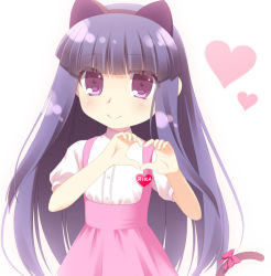 Rule 34 | 1girl, animal ears, anna miller, bow, buttons, cat ears, character name, collar, fake animal ears, furude rika, gaou (babel), heart, heart hands, higurashi no naku koro ni, long hair, looking at viewer, name tag, purple eyes, purple hair, ribbon, short sleeves, simple background, smile, solo, tail, uniform, upper body, waitress, white background