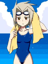 Rule 34 | 1girl, aliasing, blush, brave fencer musashiden, breasts, brown eyes, cloud, competition school swimsuit, cowboy shot, female focus, goggles, goggles on head, lowres, maquis, medium breasts, musashiden ii, nanasyu, ocean, one-piece swimsuit, outdoors, school swimsuit, sky, solo, standing, swimsuit, towel, wet