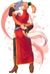 Rule 34 | artist request, boots, chinese clothes, furry, highres, orange hair, ponytail, red eyes, weasel