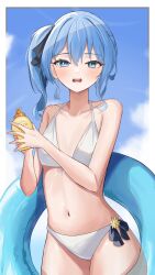 Rule 34 | 1girl, absurdres, bare shoulders, bikini, black ribbon, blue eyes, blue hair, blush, breasts, collarbone, commentary, english commentary, hair between eyes, hair ribbon, highres, hoangryu, hololive, hoshimachi suisei, looking at viewer, medium hair, open mouth, ribbon, side ponytail, small breasts, solo, star (symbol), star in eye, swimsuit, symbol in eye, teeth, upper teeth only, virtual youtuber, white bikini