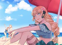 Rule 34 | 3girls, annette fantine dominic, artist name, beach, beach umbrella, blonde hair, blue sky, chunafishy, closed mouth, cloud, day, closed eyes, fire emblem, fire emblem: three houses, fire emblem heroes, flower, from side, green eyes, hair flower, hair ornament, ingrid brandl galatea, knees up, long hair, looking to the side, mercedes von martritz, multiple girls, nintendo, one-piece swimsuit, open mouth, orange hair, outdoors, sitting, sky, smile, swimsuit, umbrella, water