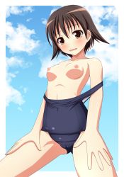 Rule 34 | 1girl, blush, breasts, brown hair, clothes pull, ki (kk-sk-ray), miyafuji yoshika, nipples, old school swimsuit, one-piece swimsuit, one-piece swimsuit pull, school swimsuit, short hair, small breasts, solo, strike witches, swimsuit, world witches series