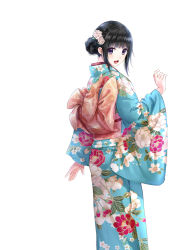 Rule 34 | 1girl, :d, black hair, blush, floral print, flower, from behind, from side, hair bun, hair flower, hair ornament, japanese clothes, kazuharu kina, kimono, long sleeves, looking at viewer, nape, obi, open mouth, original, purple eyes, revision, sash, simple background, single hair bun, smile, solo, white background