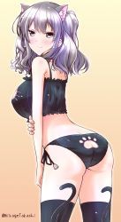 Rule 34 | 10s, 1girl, alternate costume, alternate hair color, animal ears, animal hands, arched back, arm at side, ass, ass cutout, back, blush, breasts, butt crack, cat cutout, cat ears, cat lingerie, closed mouth, clothing cutout, cowboy shot, from behind, gradient background, grey eyes, hand on own arm, holding own arm, kantai collection, kashima (kancolle), large breasts, leaning forward, long hair, looking at viewer, meme attire, mikage takashi, multicolored hair, panties, paw print, purple hair, side-tie panties, silver hair, smile, solo, twintails, twitter username, underwear, underwear only
