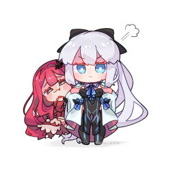 2girls baobhan_sith_(fate) baobhan_sith_(first_ascension)_(fate) black_dress blue_eyes blush chibi dress fang fate/grand_order fate_(series) full_body grey_eyes hair_ornament hair_ribbon hand_on_own_hip hand_up highres long_hair looking_at_viewer morgan_le_fay_(fate) mother_and_daughter multiple_girls pink_hair ponytail red_dress ribbon shigure_(ffrh7824) sidelocks smile smug white_background white_hair