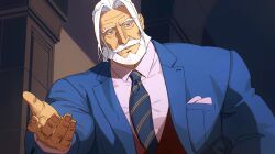 Rule 34 | 1boy, bara, beard, beckoning, blue eyes, business suit, facial hair, formal, handkerchief, highres, jp (street fighter), light smile, long hair, looking at viewer, male focus, mature male, muscular, muscular male, mustache, necktie, pectorals, ponytail, red vest, sa1k0p, shirt, solo, street fighter, street fighter 6, suit, thick eyebrows, thick mustache, vest, white hair, white shirt