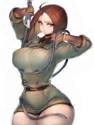 Rule 34 | 1girl, ahoge, belt, breasts, brown eyes, brown gloves, brown hair, curvy, fumio (rsqkr), gloves, highres, holding, holding weapon, large breasts, lips, medium hair, military, military uniform, parted lips, simple background, snk, the king of fighters, thick thighs, thighs, uniform, weapon, whip, whip (kof), whip sword, white background