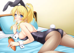 Rule 34 | 10s, 1girl, animal ears, ass, ayase eli, back, bare shoulders, bed, blanket, blonde hair, blue eyes, blush, breasts, carrot, fake animal ears, female focus, finger to mouth, fingernails, fishnet pantyhose, fishnets, food, hair between eyes, indoors, large breasts, legs, leotard, lips, long hair, looking at viewer, looking back, love live!, love live! school idol project, lying, nail polish, narutaki shin, on stomach, pantyhose, pillow, pink nails, playboy bunny, ponytail, rabbit ears, rabbit tail, scrunchie, shadow, shiny clothes, shiny skin, sideboob, skindentation, smile, solo, tail, thighs, vegetable, wall, wrist cuffs