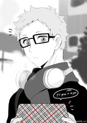 Rule 34 | 1boy, disembodied hand, english text, gift, glasses, greyscale, haikyuu!!, headphones, highres, holding, holding gift, looking at viewer, male focus, monochrome, outdoors, portrait, solo, spot color, standing, tomopiko 1224, tsukishima kei, upper body