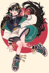 Rule 34 | 1girl, anklet, backwards hat, baseball cap, belt, belt buckle, black hair, black nails, blush, body blush, bracelet, buckle, commentary request, full body, green eyes, hair between eyes, hand up, hat, highres, jewelry, kaneni, knees together feet apart, legs together, long hair, looking at viewer, nail polish, necklace, nose blush, ok sign, open mouth, original, shoes, sneakers, socks, solo, teeth, tongue, two-tone background, very long hair